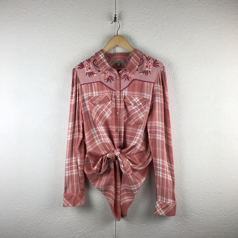 Wonderly l XL Go West Dusty Rose Pink Plaid Embroidery Western Cowgirl Pinup Top